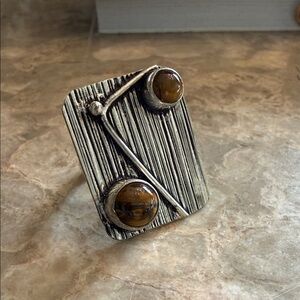 Modernist .925 silver ring with tiger’s eye and agate stones square size 7